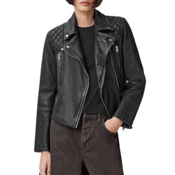 AllSaints Cargo Distressed Leather Biker Jacket Black/Gray EU 34, US 2 - Picture 7 of 14
